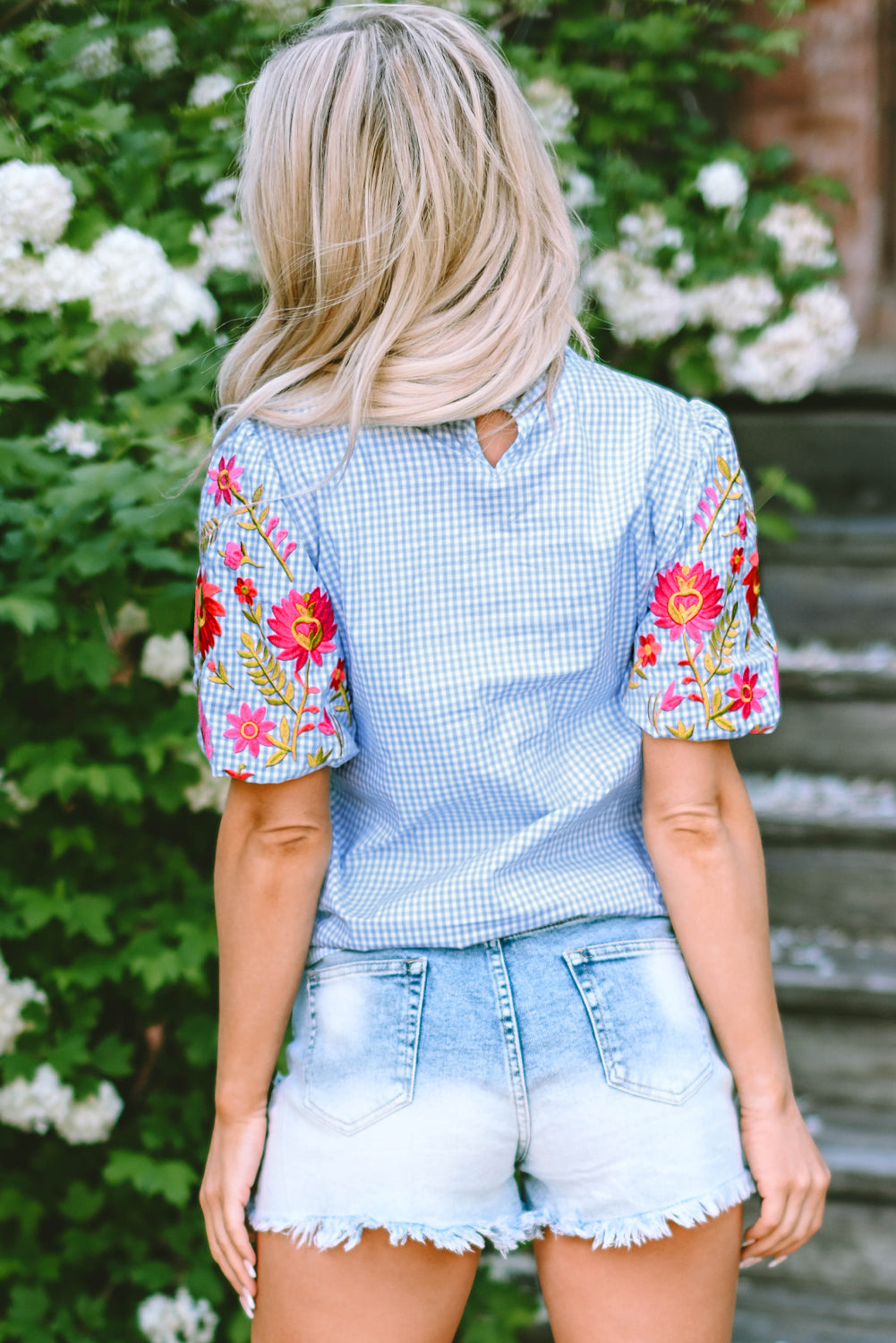 Pearl Gingham Floral Embroidered Puff Sleeve Blouse-1