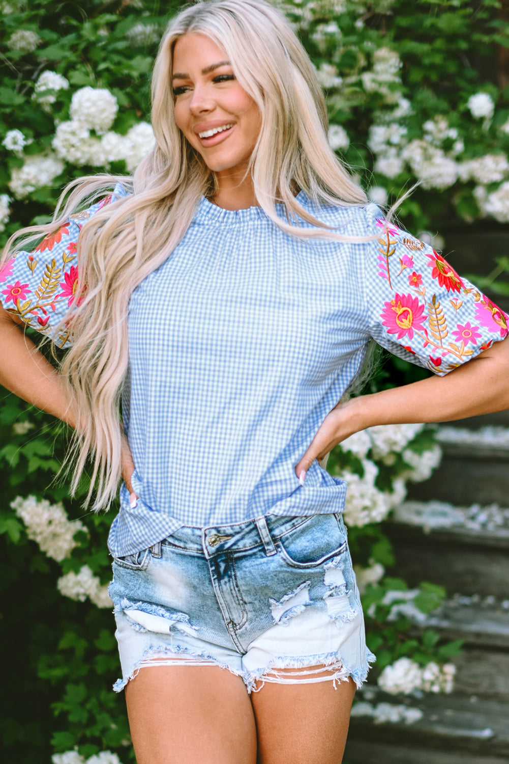 Pearl Gingham Floral Embroidered Puff Sleeve Blouse-3