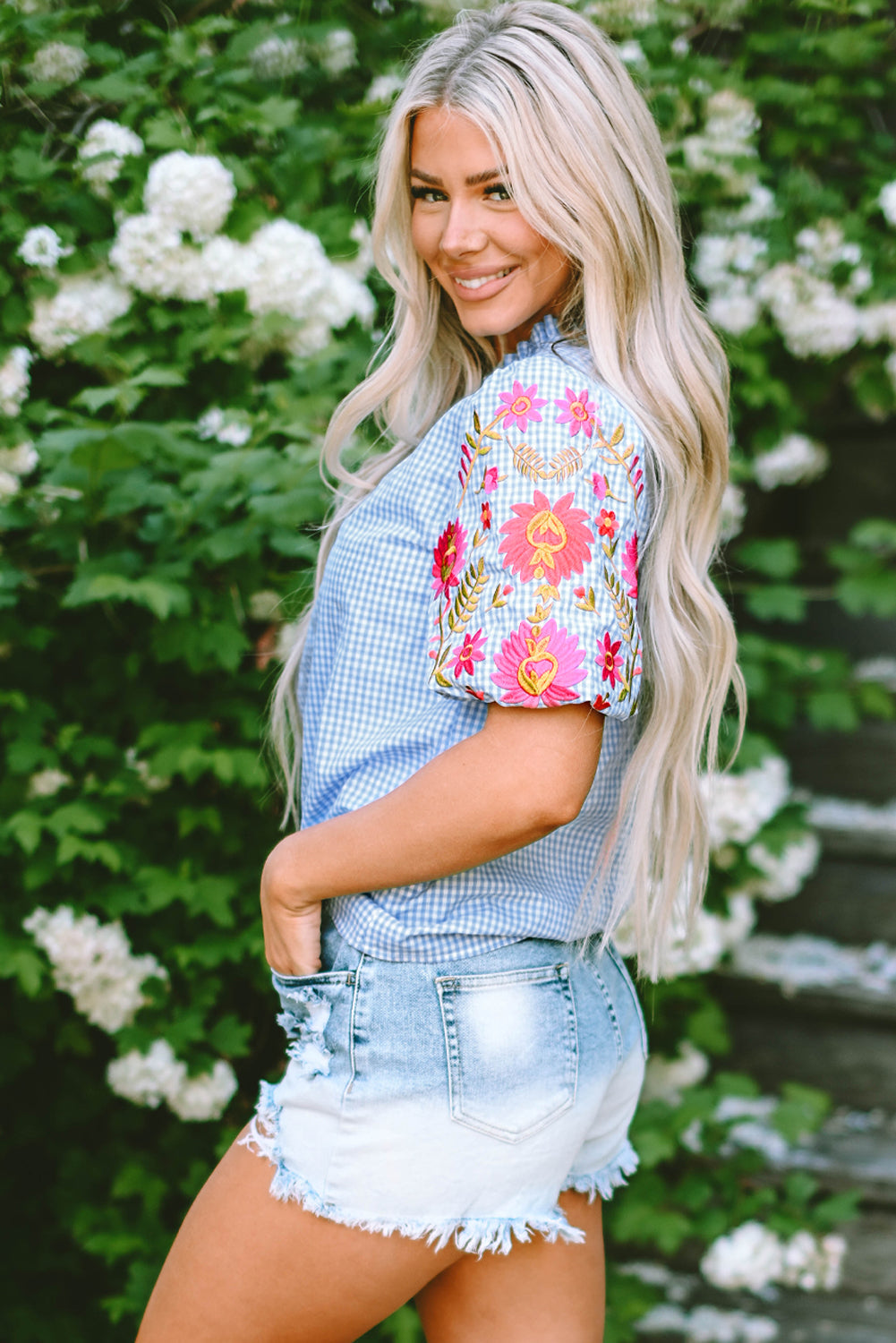 Pearl Gingham Floral Embroidered Puff Sleeve Blouse-2