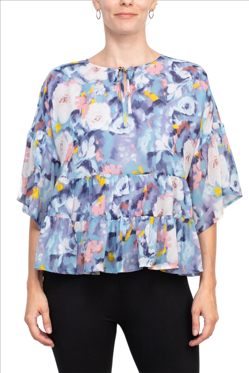 Adyson Parker Crew Neck Tie Neck Keyhole Front Flounce Sleeve Chiffon Top-0