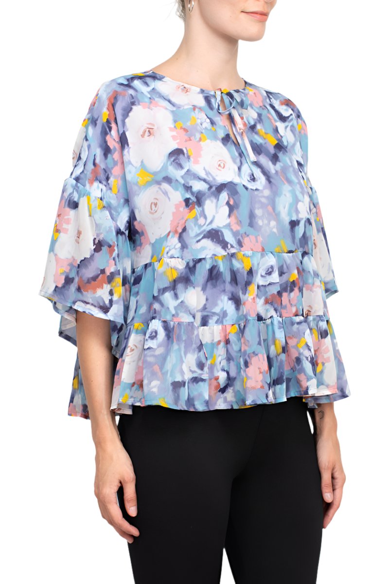 Adyson Parker Crew Neck Tie Neck Keyhole Front Flounce Sleeve Chiffon Top-1