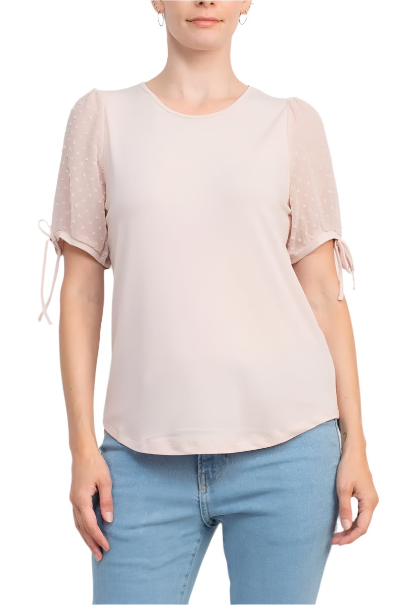 Adrianna Papell Crew Neck Clip Dot Short Sleeve with Tie Solid Knit Moss Crepe Top-0