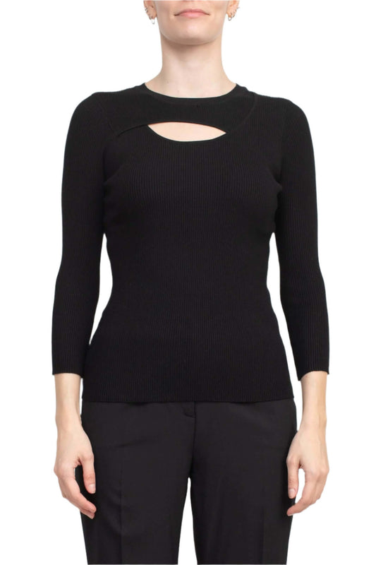 Joan Vass NY Crew Neck 3/4 Sleeve Ribbed Pullover Cutout Chest Detail Knit Top-0