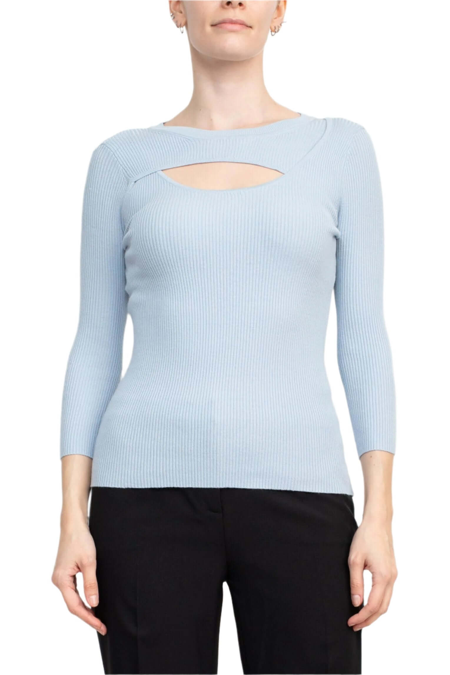 Joan Vass NY Crew Neck 3/4 Sleeve Ribbed Pullover Cutout Chest Detail Knit Top-6