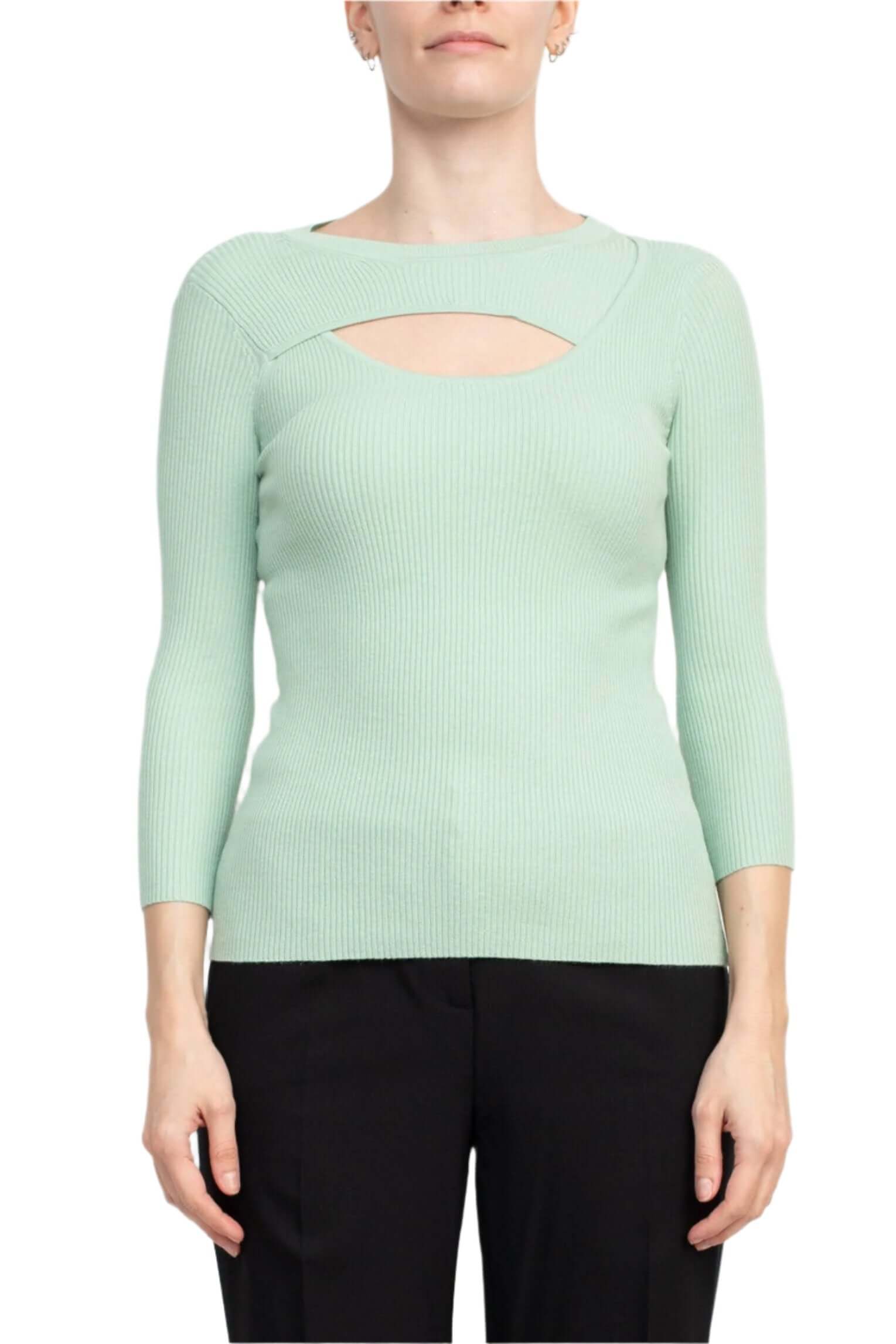 Joan Vass NY Crew Neck 3/4 Sleeve Ribbed Pullover Cutout Chest Detail Knit Top-5