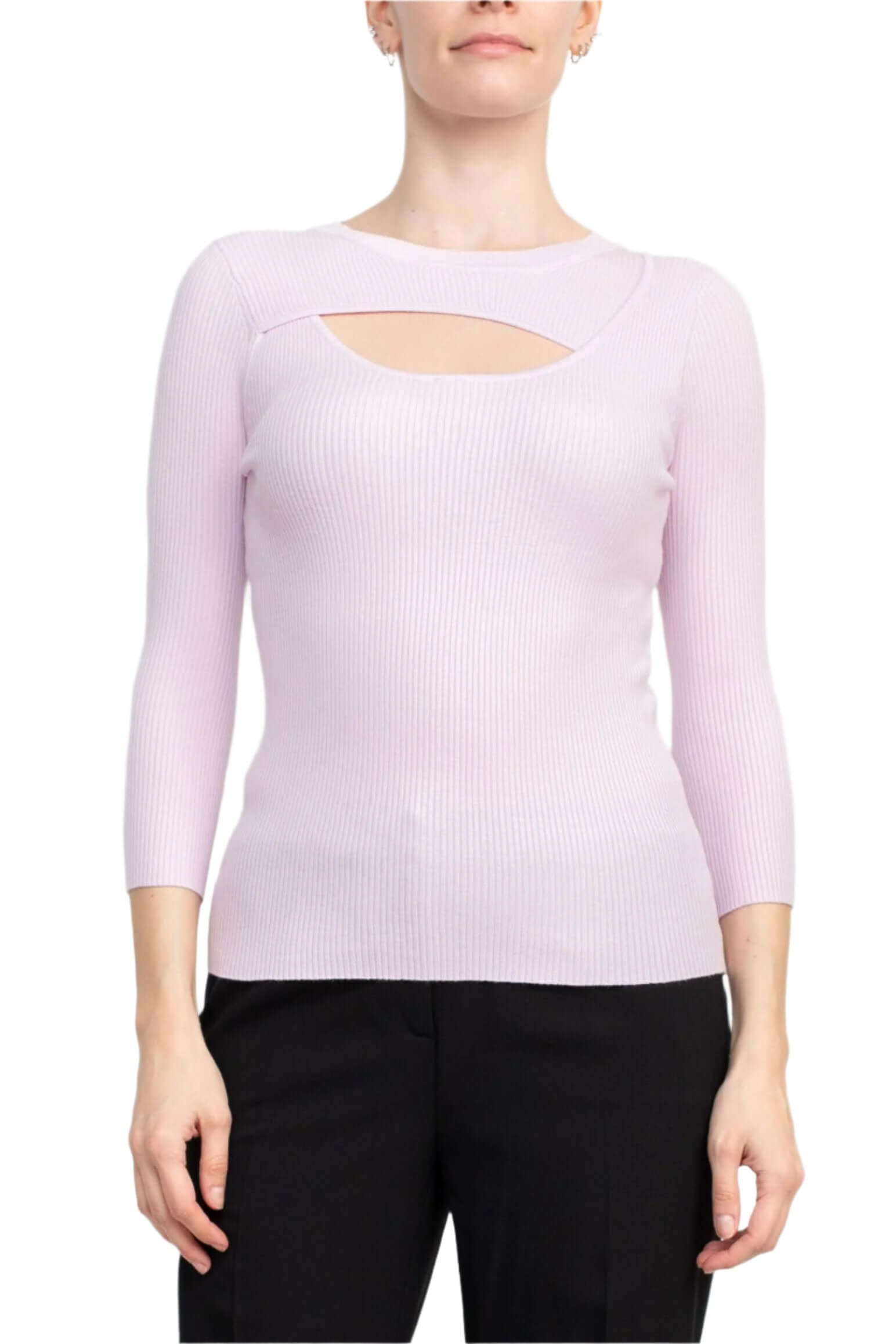 Joan Vass NY Crew Neck 3/4 Sleeve Ribbed Pullover Cutout Chest Detail Knit Top-8