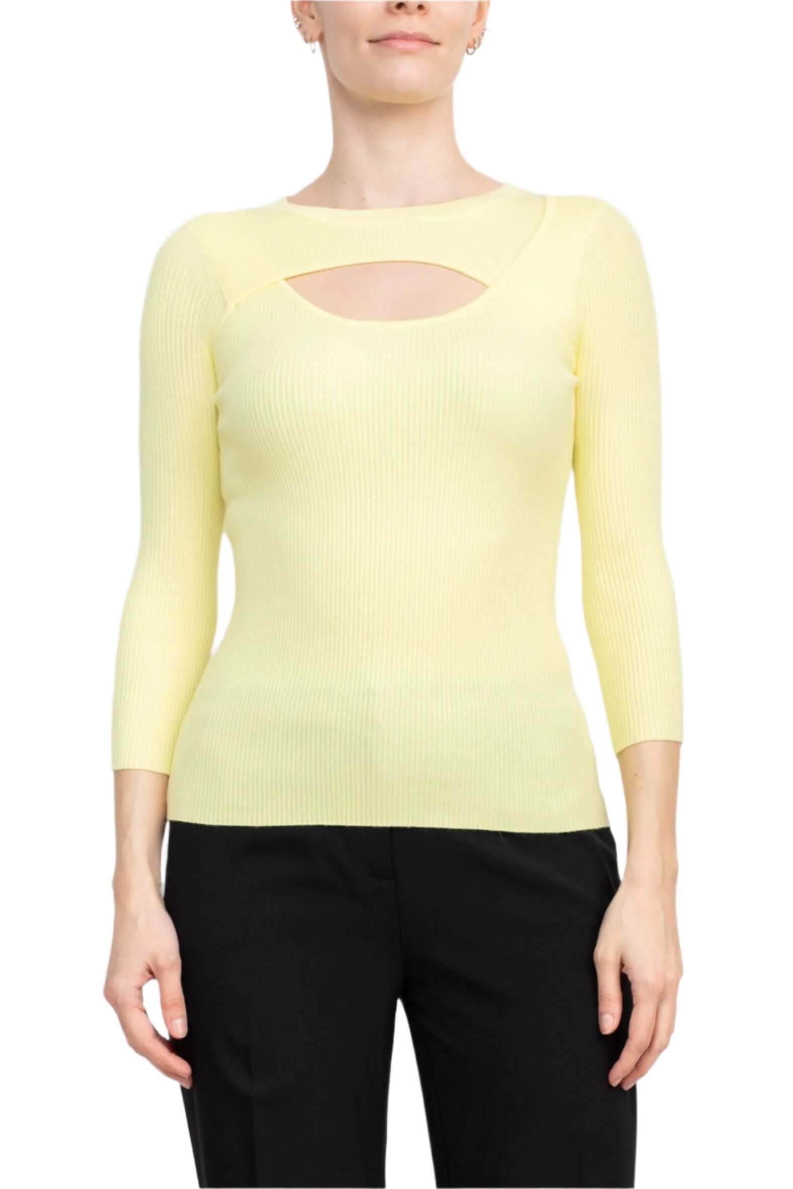 Joan Vass NY Crew Neck 3/4 Sleeve Ribbed Pullover Cutout Chest Detail Knit Top-7