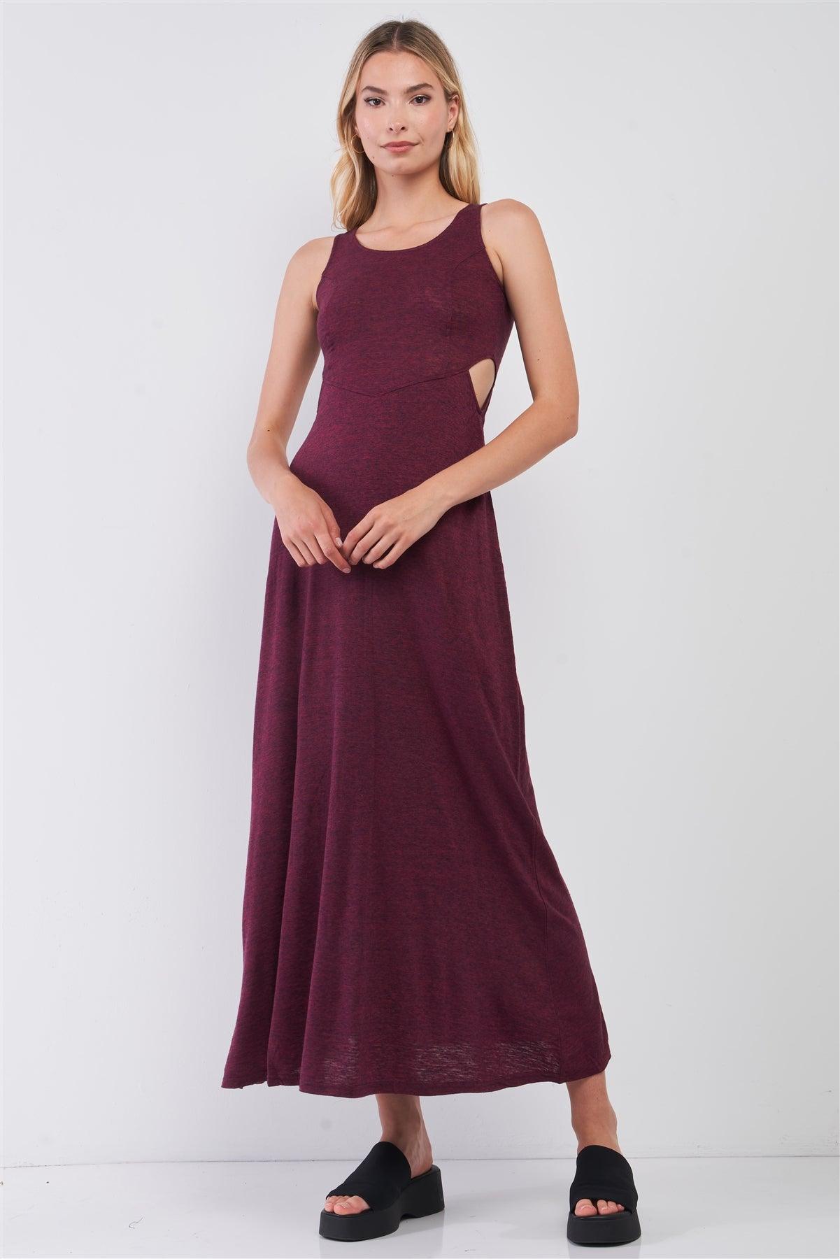 Wine Sleeveless Round Neck Crochet Back Detail Cut-Out Maxi Dress-0