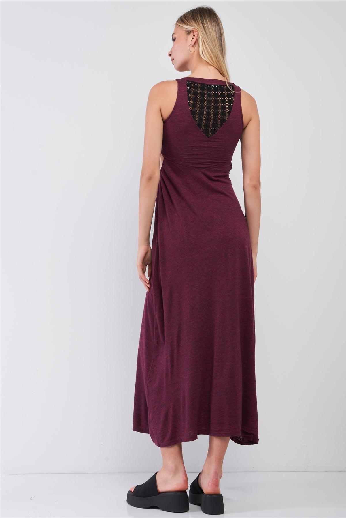 Wine Sleeveless Round Neck Crochet Back Detail Cut-Out Maxi Dress-1