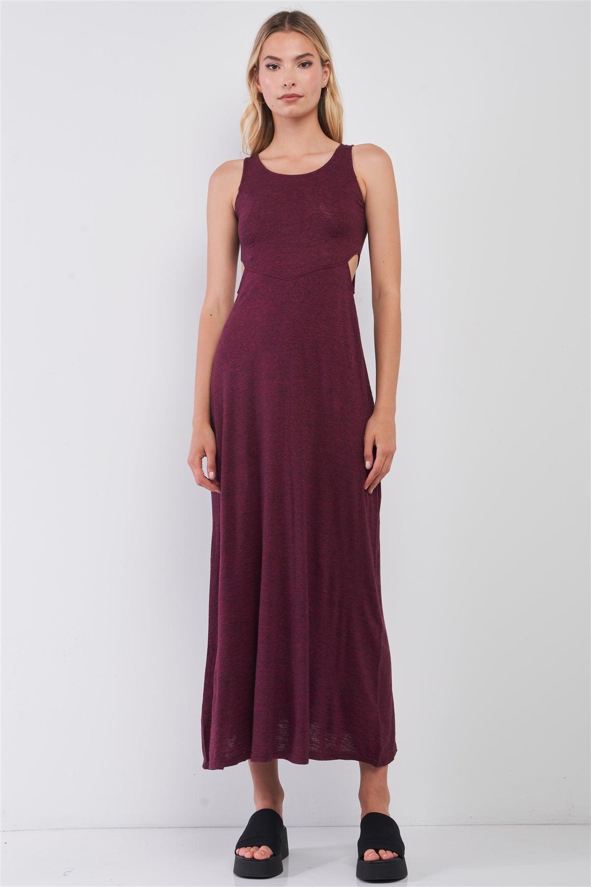 Wine Sleeveless Round Neck Crochet Back Detail Cut-Out Maxi Dress-2