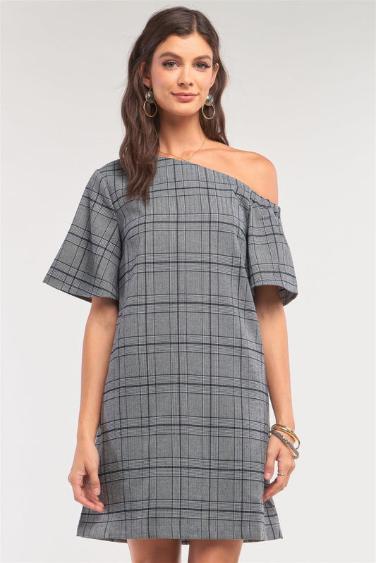 Grey Checkered One-Shoulder Relaxed Fit Mini Dress-0