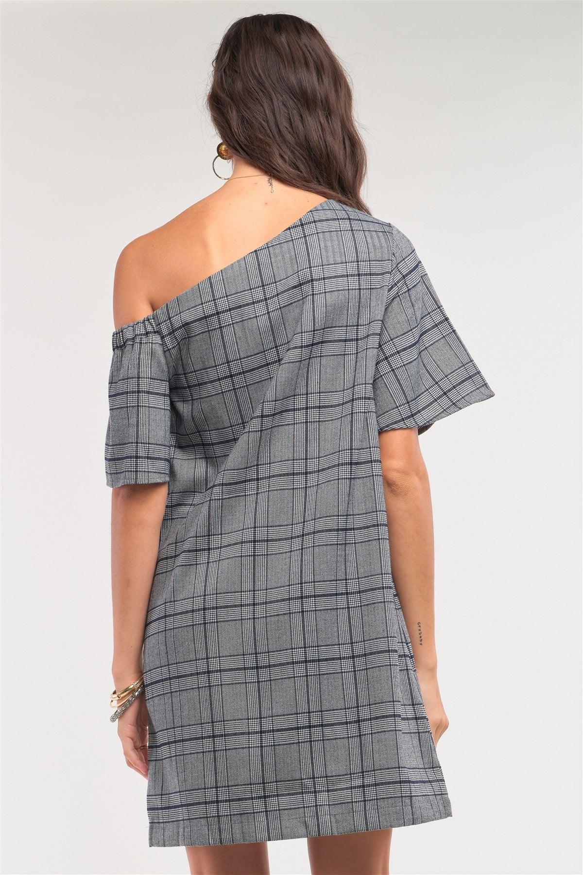 Grey Checkered One-Shoulder Relaxed Fit Mini Dress-1