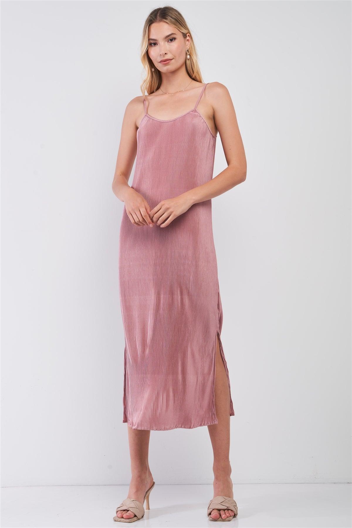 Dusty Pink Pleated Sleeveless Round Neck Side Slit Detail Midi Dress-0