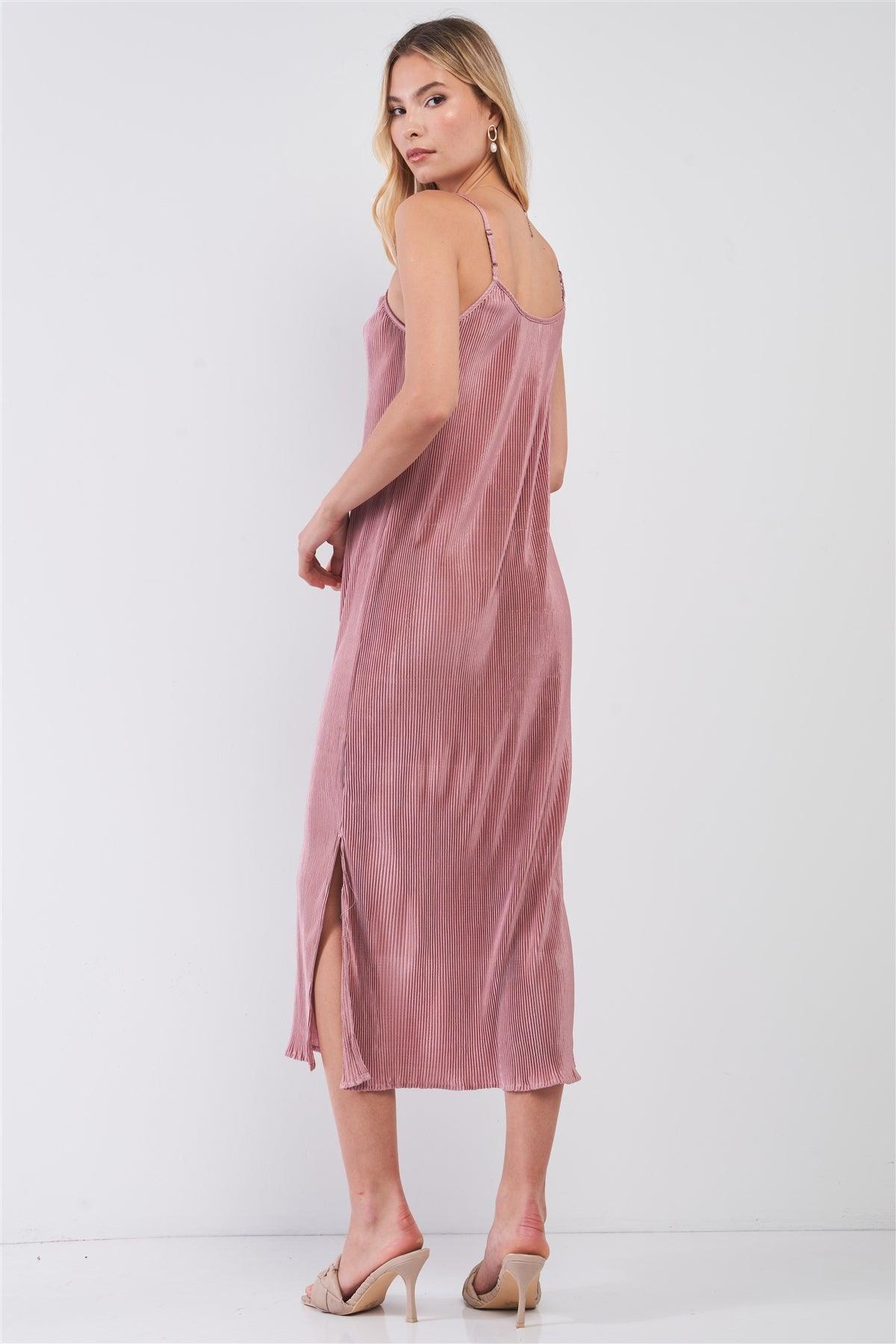 Dusty Pink Pleated Sleeveless Round Neck Side Slit Detail Midi Dress-1