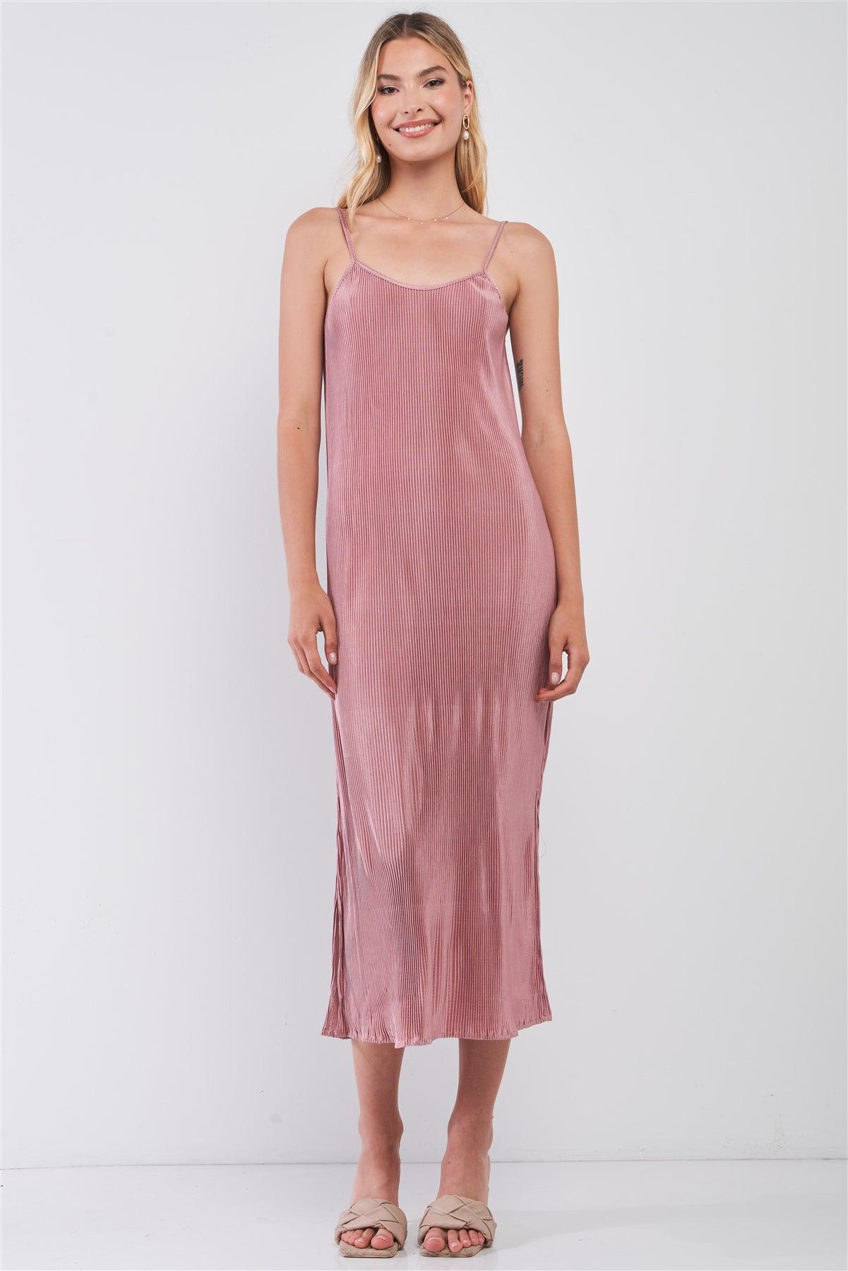 Dusty Pink Pleated Sleeveless Round Neck Side Slit Detail Midi Dress-2