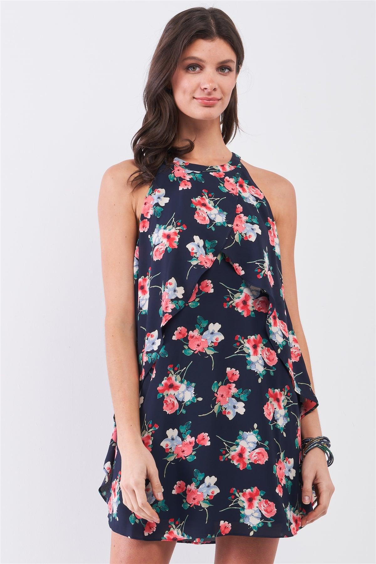 Navy Multi Floral Print Sleeveless High Neck Layered Front Detail Flounce Mini Dress-0