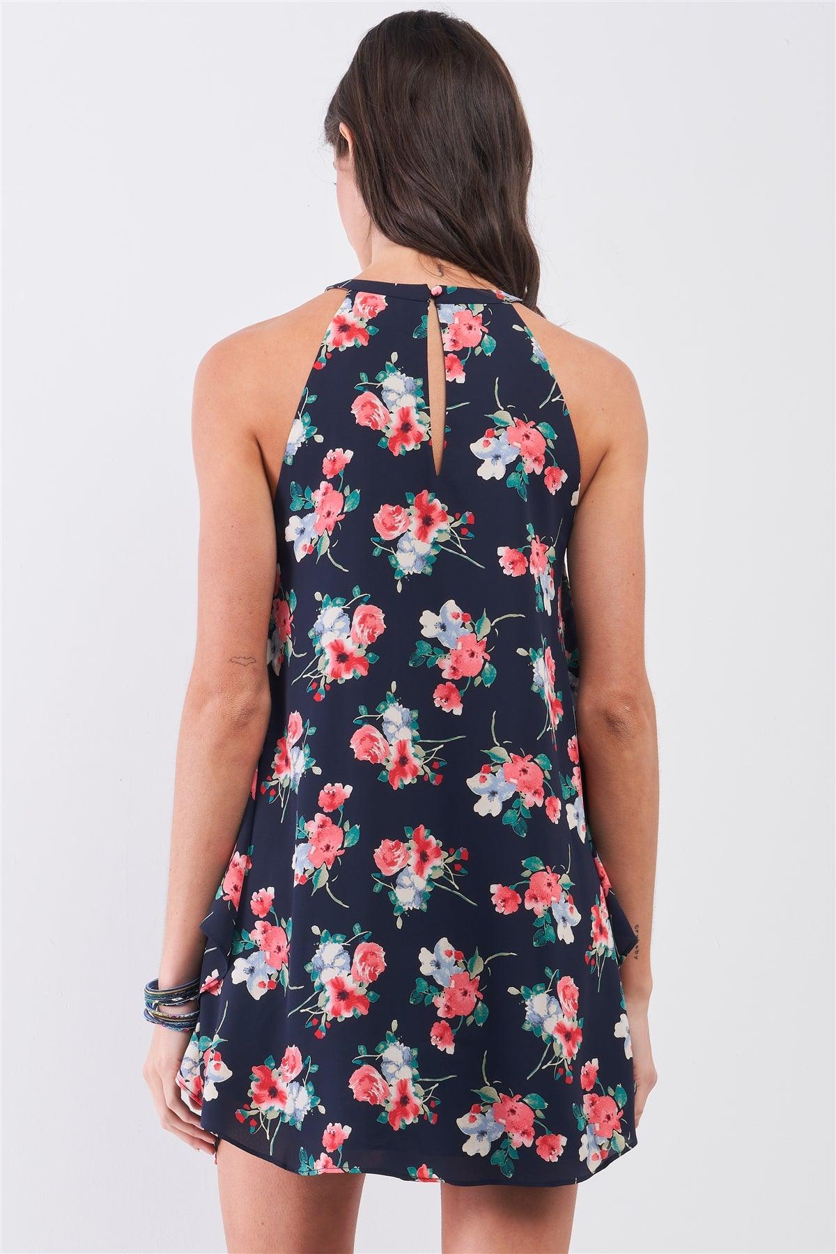 Navy Multi Floral Print Sleeveless High Neck Layered Front Detail Flounce Mini Dress-1