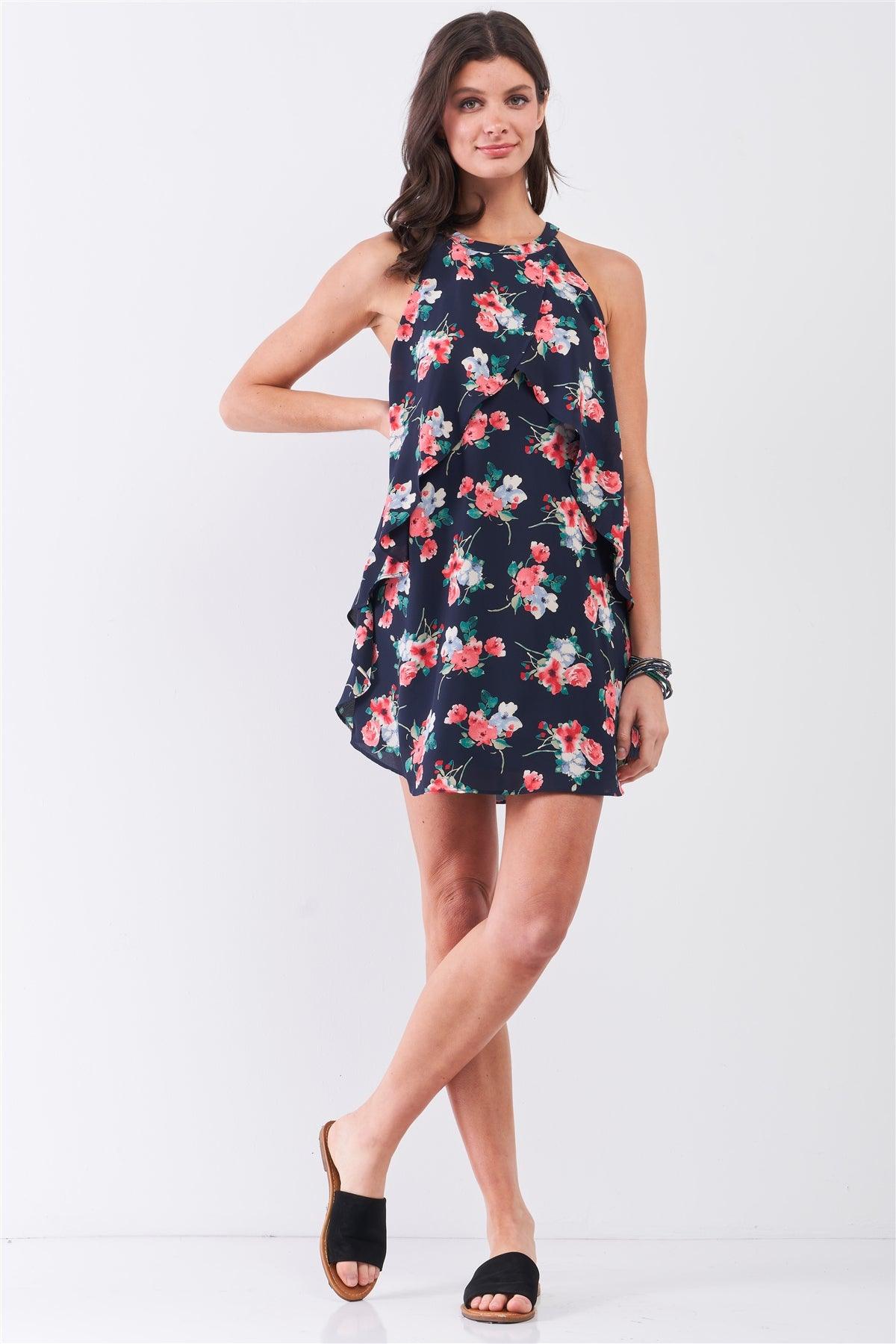 Navy Multi Floral Print Sleeveless High Neck Layered Front Detail Flounce Mini Dress-2