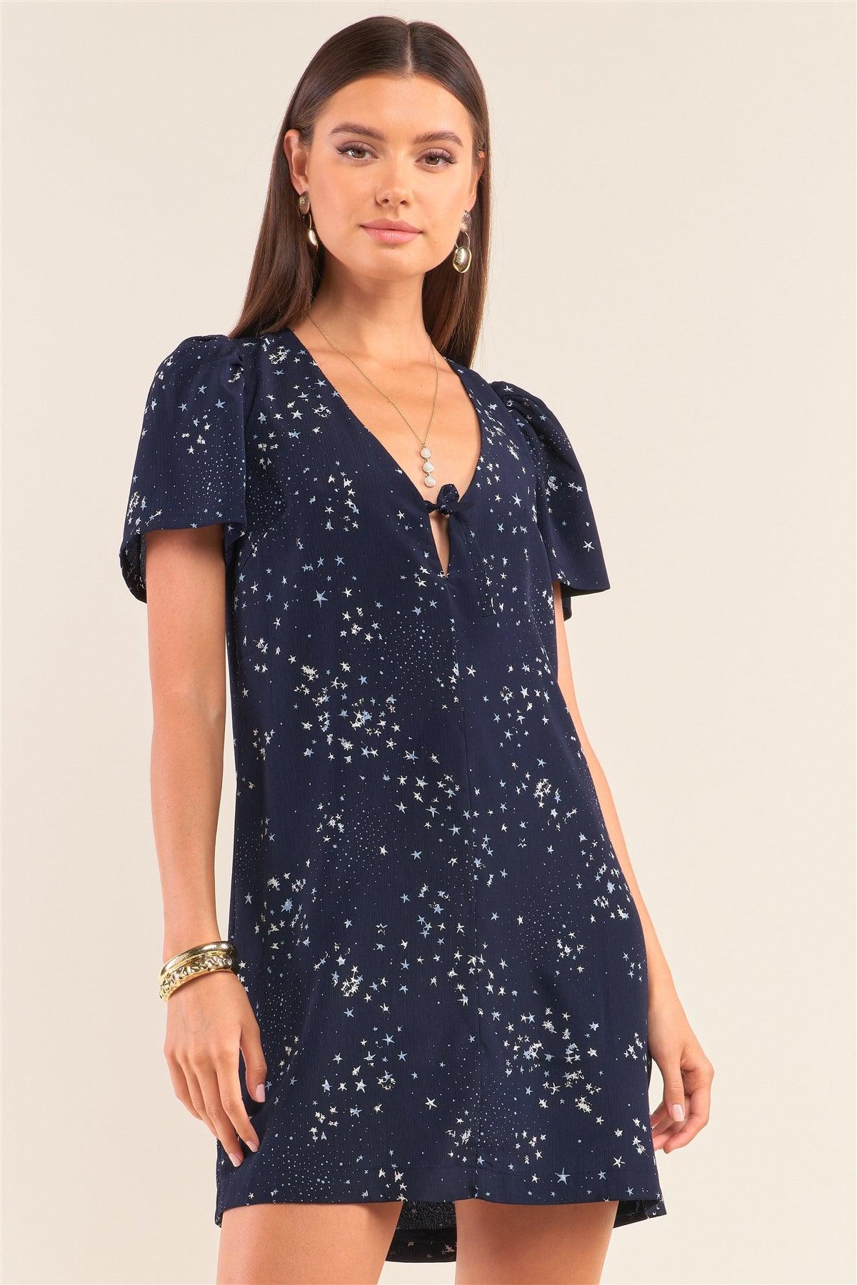 Star Print Loose Fit Deep Plunge V-Neck Mini Dress-1