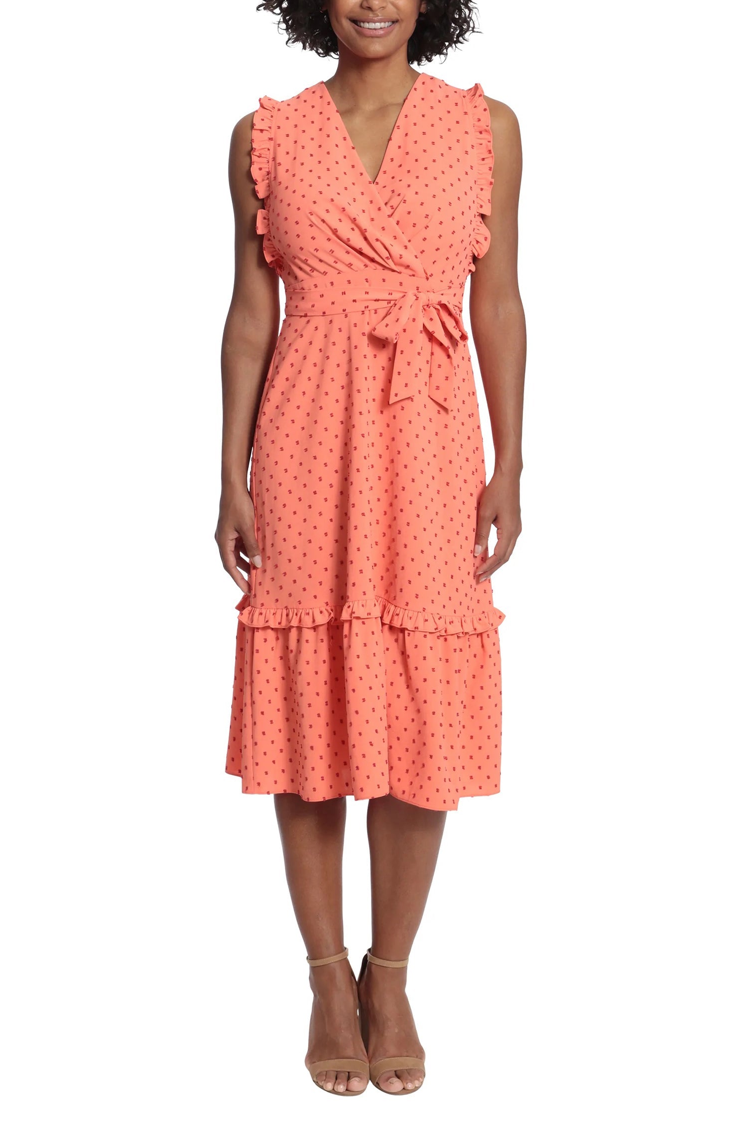 London Times V-Neck Ruffled Shoulder Sleeveless Tiered Skirt Tie Waist Clip Dot Print Dress-0