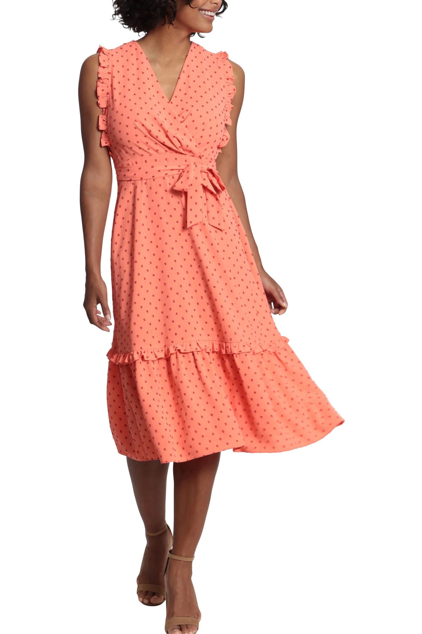 London Times V-Neck Ruffled Shoulder Sleeveless Tiered Skirt Tie Waist Clip Dot Print Dress-1